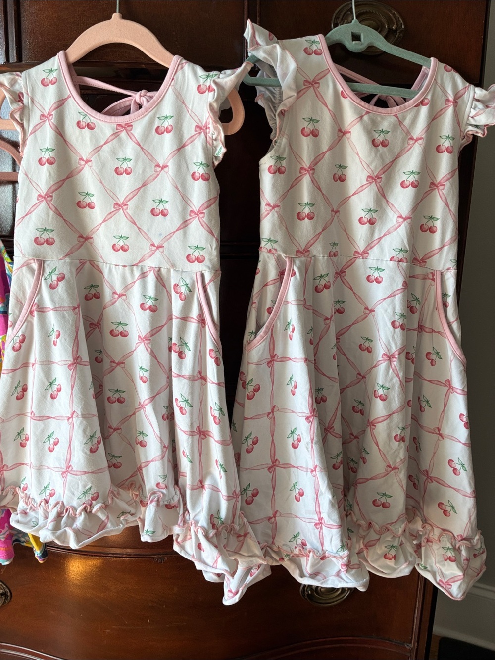 Shrimp and Grits Girls' Pink Cherry Print Ruffle Dresses SET